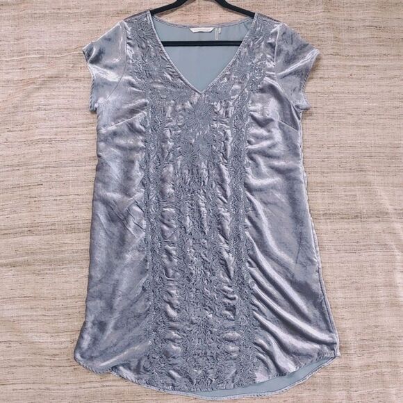 Soft Surroundings Dress Embroidered Velvet Short Sleeve Grey / Gray Large - Picture 2 of 9